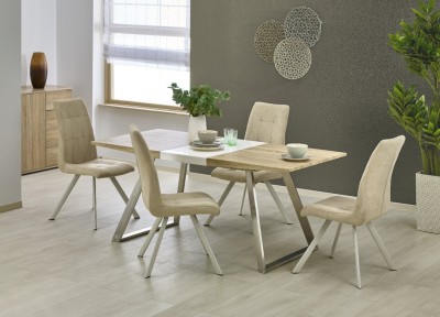 Set masa extensibila din MDF si metal Trevani Oak Sonoma / White + 4 scaune Kai-241 Beige, L130-170xl80xH76 cm