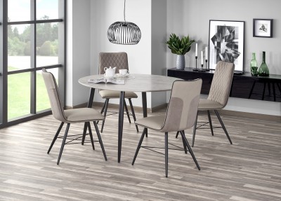 Set masa din MDF si metal Bellami Cream / Black + 4 scaune tapitate cu stofa, cu picioare din metal Kai-289 Beige, Ø120xH76 cm