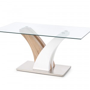Masa din sticla, MDF si metal, Vilma Transparent / Alb / Stejar Sonoma, L160xl90xH76 cm