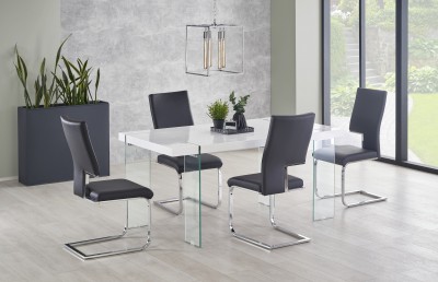 Set masa din sticla si MDF Millan White + 4 scaune Kai-294 Black, L160xl90xH76 cm