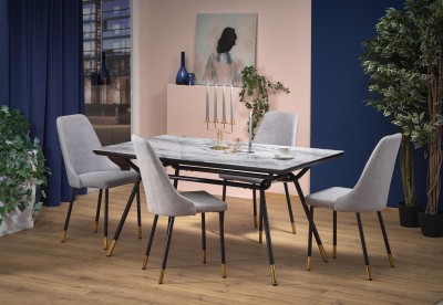 Set masa din sticla si metal Glimarisr Marmura / Negru + 4 scaune tapitate cu stofa Kai-318 Gri, L160xl90xH76 cm