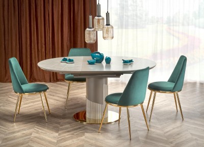 Set masa extensibila din ceramica, MDF si metal, Musetta Gri / Auriu + 4 Scaune tapitate cu stofa si picioare metalice, Kai-460 Velvet Verde Inchis / Auriu, L120-160xl120xH76 cm