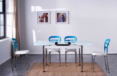 Set masa extensibila din pal si metal + 4 scaune cu sezut tapitat cu piele ecologica, cu picioare metalice Noa Turcoaz / Alb, L140-180xl75xH80 cm