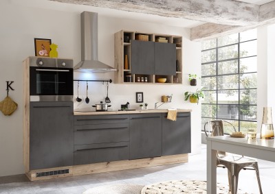 Mobilier Bucatarie Standard din pal + Electrocasnice incluse, 11 piese, Linus Gri Inchis / Stejar, L260 cm