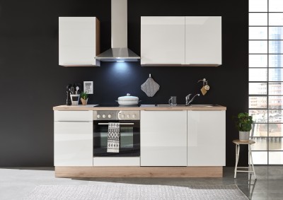 Mobilier Bucatarie Standard din pal + Electrocasnice incluse, 10 piese, Paul Alb / Stejar San Remo, L220 cm