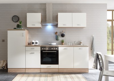 Mobilier Bucatarie Standard din pal + Electrocasnice incluse, 12 piese, Andy Alb / Stejar Sonoma, L270 cm