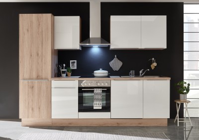 Mobilier Bucatarie Standard din pal + Electrocasnice incluse, 13 piese, Paul Alb / Stejar San Remo, L280 cm