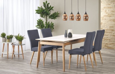 Set masa extensibila din lemn cu blat din ceramica Montes White / Natural + 4 scaune Kai-273 Dark Grey, L180-220xl90xH76 cm