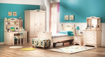 Set Mobila dormitor din pal, pentru copii si tineret, 7 piese, Flora Natur, 200 x 120 cm