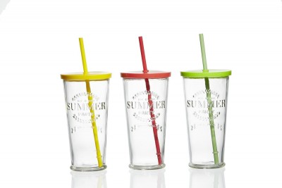 Set pahare cu pai si capac Cool Summer, 720 ml, 3 piese