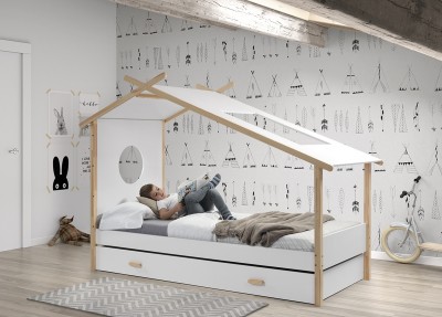 Pat din lemn de pin si MDF cu sertar, pentru copii tip casuta Cocoon Alb / Natural, 200 x 90 cm