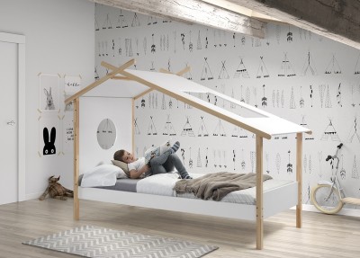 Pat din lemn de pin si MDF pentru copii tip casuta Cocoon Alb / Natural, 200 x 90 cm