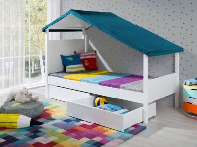 Pat din lemn de pin si pal cu 2 sertare, pentru copii tip casuta Penelope, 200 x 90 cm