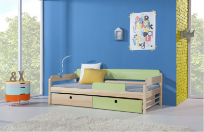 Pat din lemn de pin cu 2 sertare pentru copii Natu, 200 x 90 cm