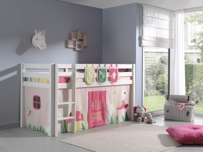 Pat etajat din lemn de pin, cu spatiu de joaca pentru copii Pino Plus Spring Alb, 200 x 90 cm