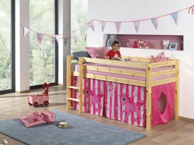 Pat etajat din lemn de pin, cu spatiu de joaca pentru copii Pino Pony Natural, 200 x 90 cm