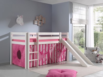 Pat etajat din lemn de pin, cu tobogan pentru copii Pino Pony Alb, 200 x 90 cm