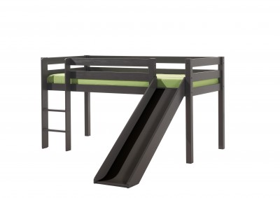 Pat etajat din lemn de pin, cu topogan pentru copii Pino Simple Grej, 200 x 90 cm