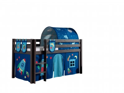 Pat etajat din lemn de pin, cu tunel si spatiu de joaca pentru copii Pino Plus Astro Grej, 200 x 90 cm