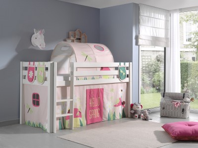 Pat etajat din lemn de pin, cu tunel si spatiu de joaca pentru copii Pino Plus Spring Alb, 200 x 90 cm