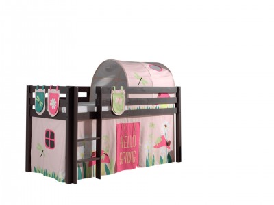 Pat etajat din lemn de pin, cu tunel si spatiu de joaca pentru copii Pino Plus Spring Grej, 200 x 90 cm