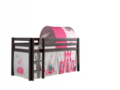 Pat etajat din lemn de pin, cu tunel si spatiu de joaca pentru copii Pino Princess Grej, 200 x 90 cm