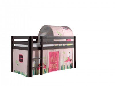 Pat etajat din lemn de pin, cu tunel si spatiu de joaca pentru copii Pino Spring Grej, 200 x 90 cm