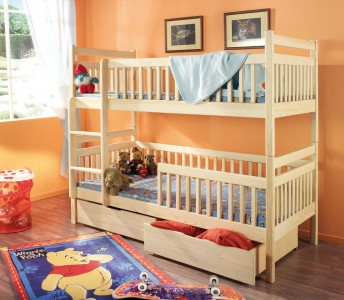 Pat supraetajat din lemn de pin, cu 2 sertare pentru copii Aleksander, 200 x 90 cm