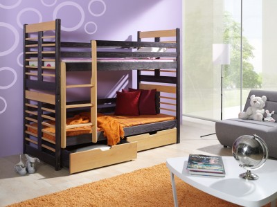 Pat supraetajat din lemn de pin, cu 2 sertare pentru copii Augustyn, 200 x 90 cm