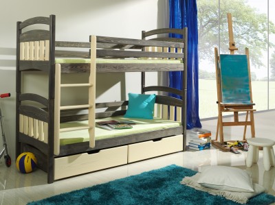 Pat supraetajat din lemn de pin, cu 2 sertare pentru copii Jakub, 200 x 90 cm