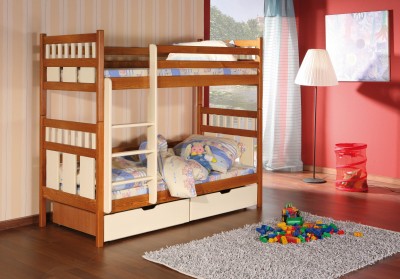 Pat supraetajat din lemn de pin, cu 2 sertare pentru copii Oliwier, 200 x 90 cm