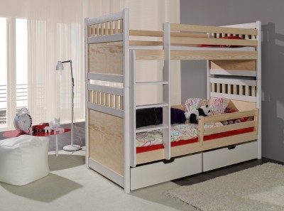 Pat supraetajat din lemn de pin, cu 2 sertare pentru copii Salomon II, 200 x 90 cm