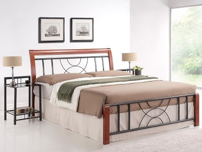 Pat metalic cu insertii lemn, Chronos Negru / Cires Antic, 200 x 160 cm