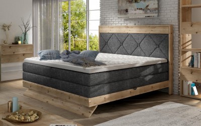 Pat rabatabil cu lada de depozitare, tapitat cu stofa Dia Boxspring Grafit, topper inclus, 200 x 160 cm
