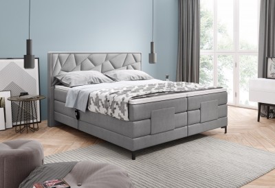 Pat tapitat cu stofa, cu reglaj electric Hola Boxspring Gri deschis, topper inclus, 200 x 160 cm