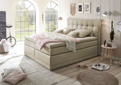 Pat tapitat cu stofa Darin I Boxspring Grej, perne decorative si topper inclus, 200 x 180 cm