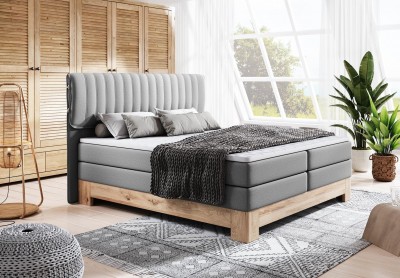 Pat tapitat cu stofa Mia Boxspring Gri, topper inclus, 200 x 180 cm
