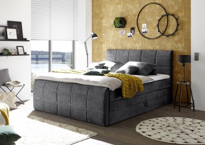 Pat tapitat cu stofa si lada de depozitare Abby 6 Boxspring Grafit, perne decorative si topper inclus, 200 x 180 cm