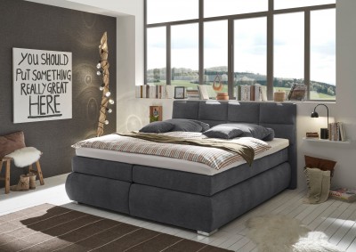 Pat tapitat cu stofa si lada de depozitare Balos 8 Boxspring Grafit, perne decorative si topper inclus, 200 x 180 cm