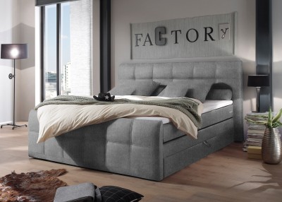 Pat tapitat cu stofa si lada de depozitare Berta 1 Boxspring Gri inchis, perne decorative si topper inclus, 200 x 180 cm