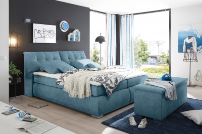 Pat tapitat cu stofa si lada de depozitare Brens 1 Boxspring Albastru, perne decorative si topper inclus, 200 x 180 cm