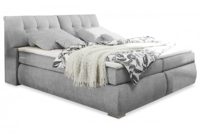 Pat tapitat cu stofa si lada de depozitare Brens 1 Boxspring Gri deschis, topper inclus, 200 x 180 cm