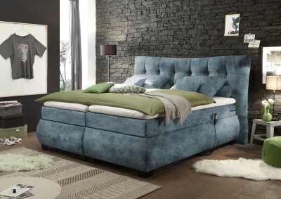 Pat tapitat cu stofa si reglaj electric Deby 6 Electric Boxspring Albastru inchis, perne decorative si topper inclus, 200 x 180 cm