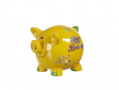 Pusculita ceramica Happy Birthday, Yellow, 8 cm