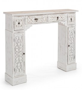 Rama decorativa pentru semineu, din lemn de brad, cu 4 sertare si 2 usi, Spark Alb Antichizat, l115xA23xH95 cm