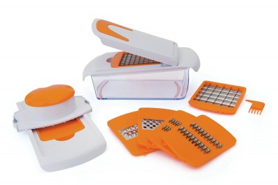 Razatoare multifunctionala cu recipient si 7 lame, din otel inoxidabil si ABS, Abili Alb / Orange