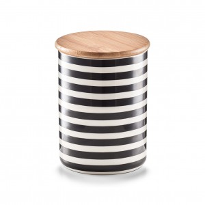 Recipient ceramic pentru depozitare Stripes, capac din bambus, Black/White, 580 ml, Ø 10xH13 cm