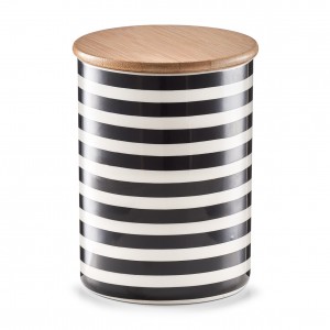 Recipient ceramic pentru depozitare Stripes, capac din bambus, Black/White, 900 ml, Ø 11,5xH15 cm