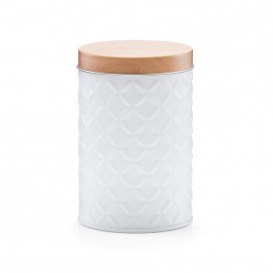 Recipient pentru depozitare cu capac Scandi Short, White Metal, Ø 8,4xH13 cm