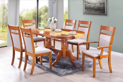 Set masa din MDF si furnir Damia Red Oak + 4 scaune Damia Red Oak + 2 scaune Victoria Red Oak, L150xl90xH77 cm